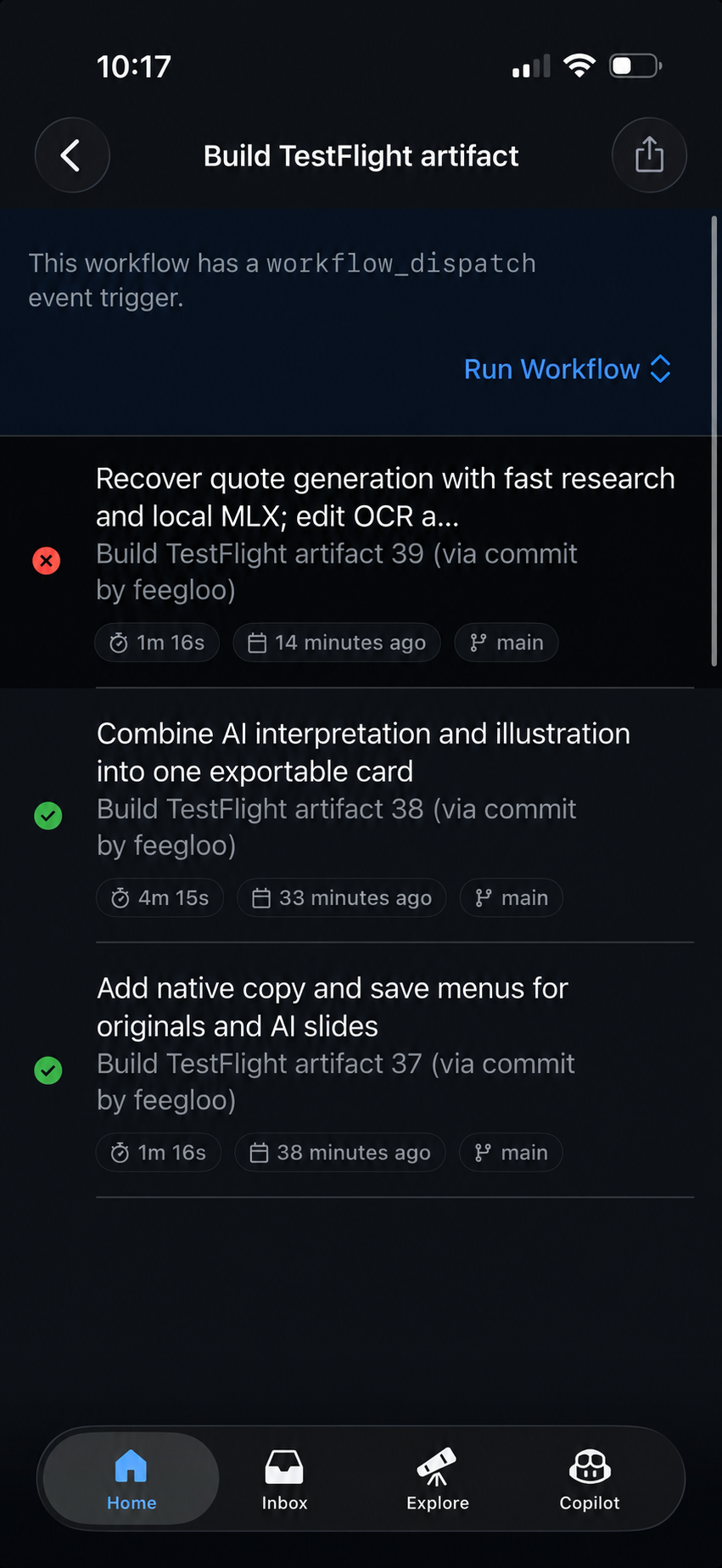 Lista uruchomień z nieudanym Build TestFlight artifact na pierwszej pozycji