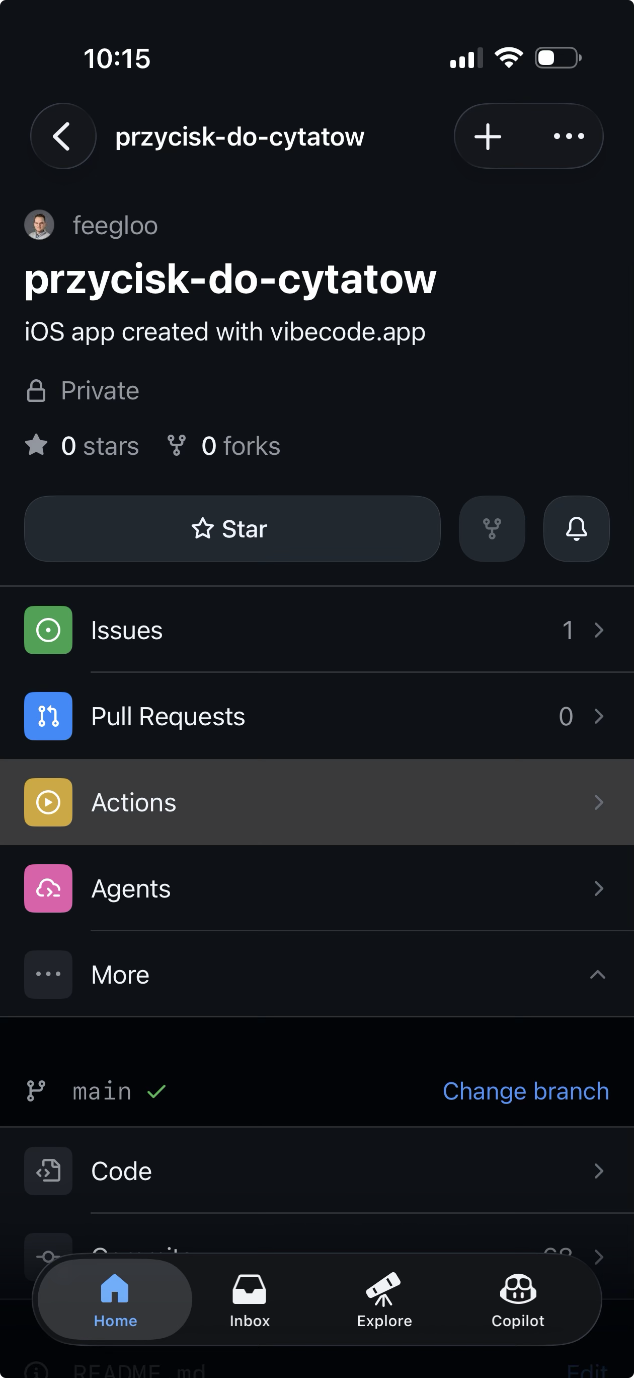Ekran repozytorium GitHub z wyróżnionym wierszem Actions
