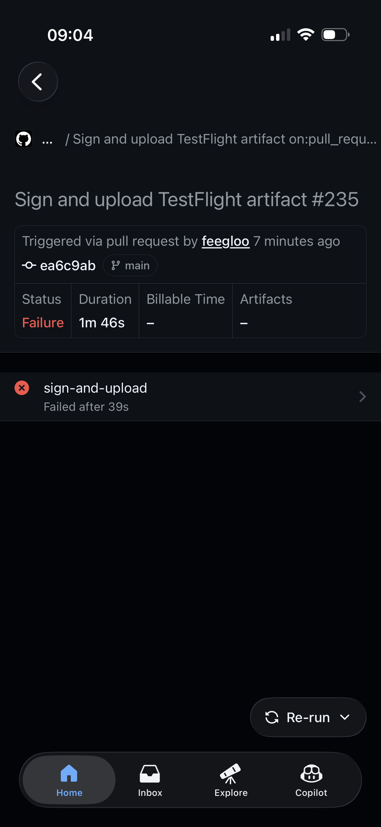 Nieudany workflow ze statusem Failure i jobem sign-and-upload