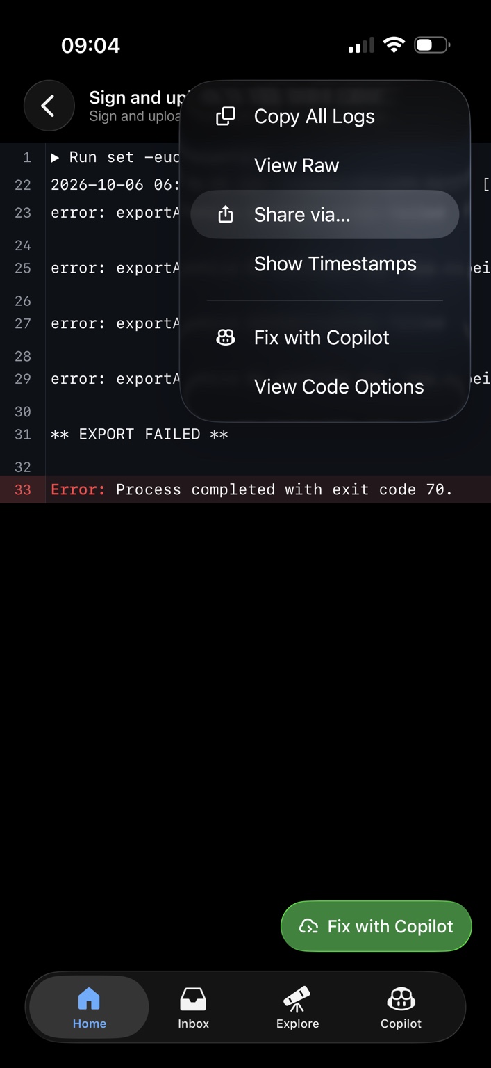 Menu logów GitHub z opcją Share via