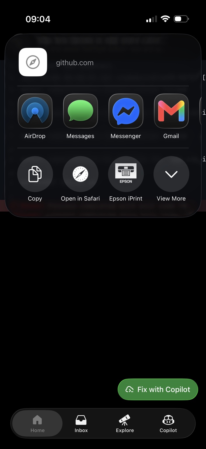 Okno udostępniania iOS z przyciskiem Copy