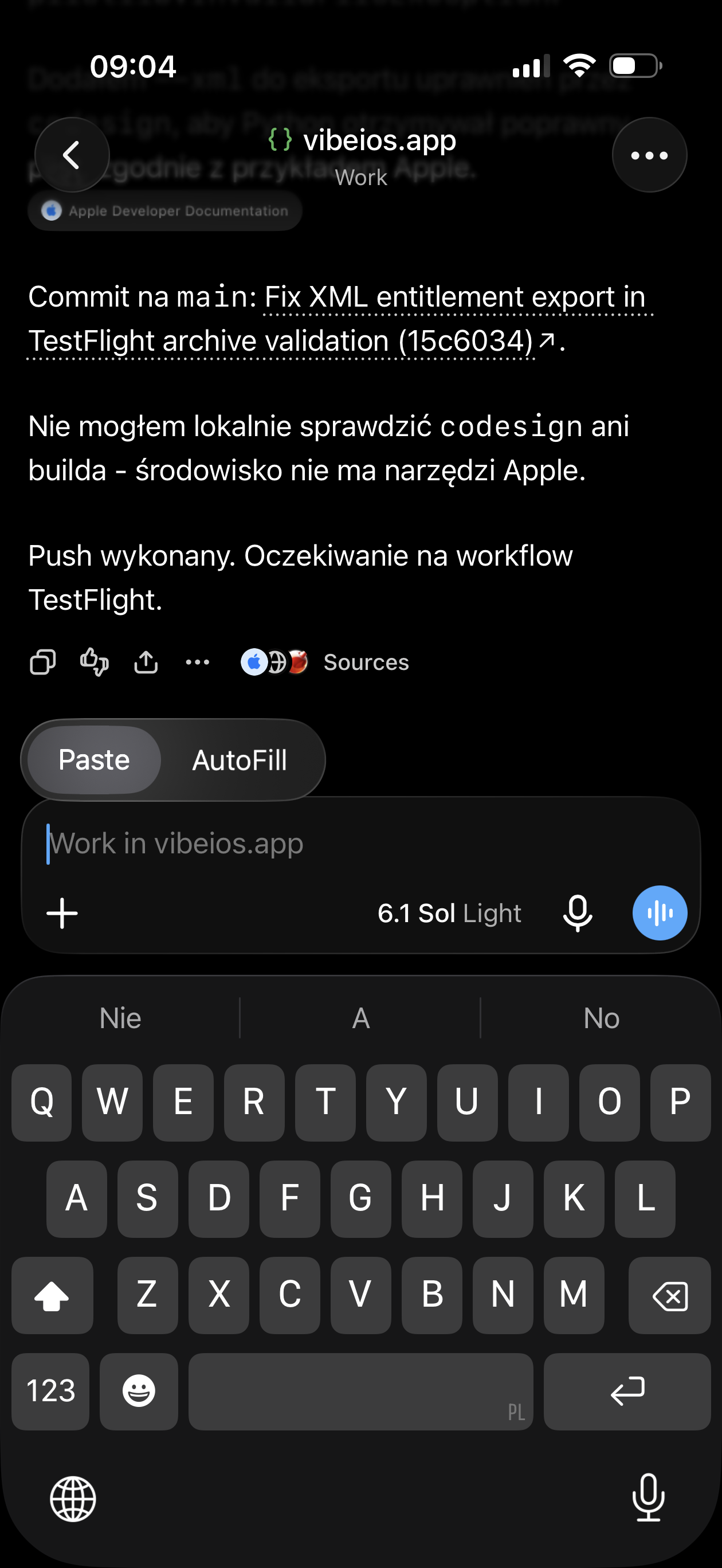 Pole wiadomości ChatGPT z menu Paste