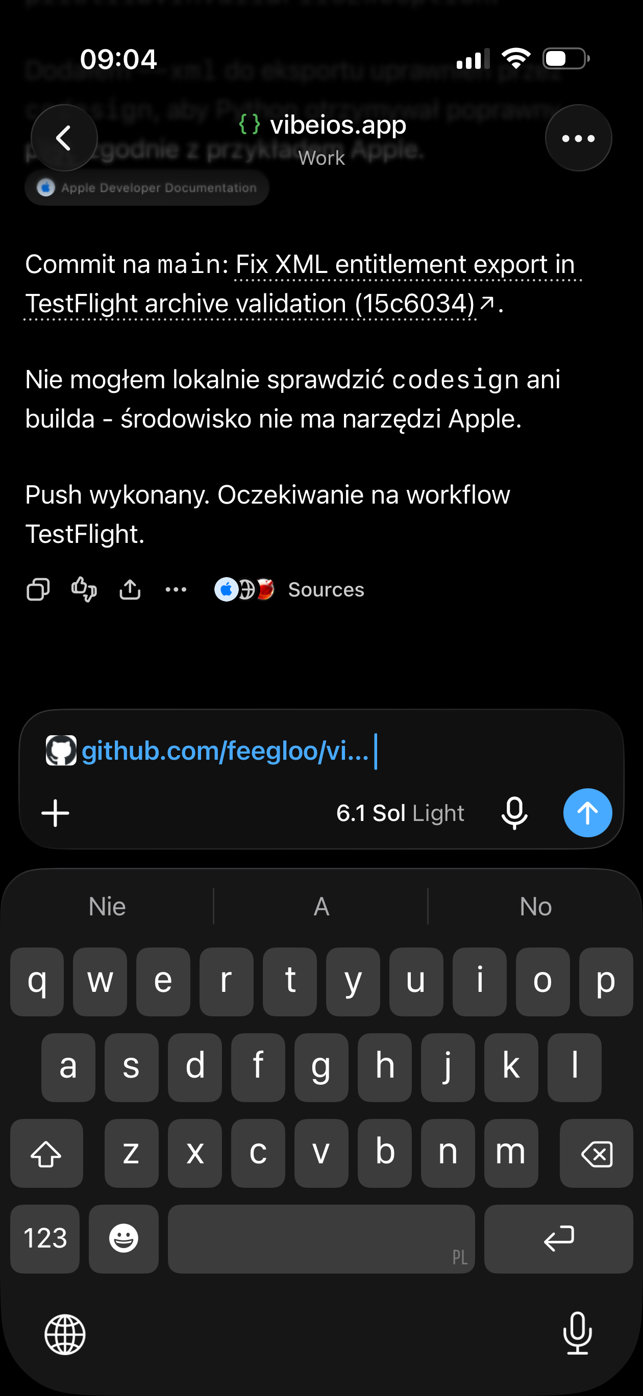 Link GitHub wklejony do wiadomości ChatGPT przed wysłaniem